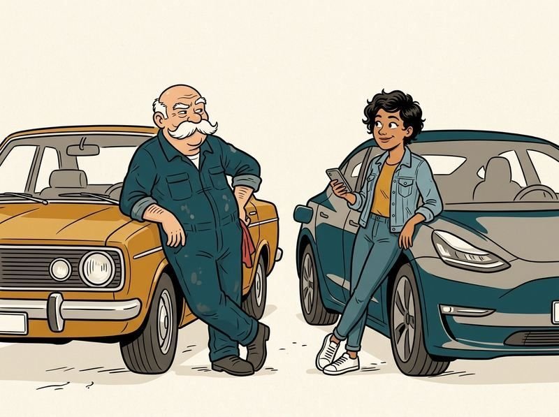 Drawing: Kalle leans on an old car, Jule on a modern electric car