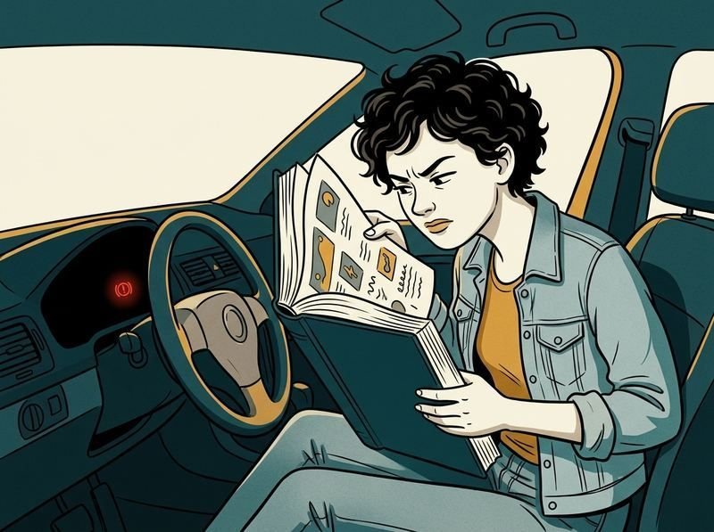 Drawing: Jule looks up what a warning light means in the car