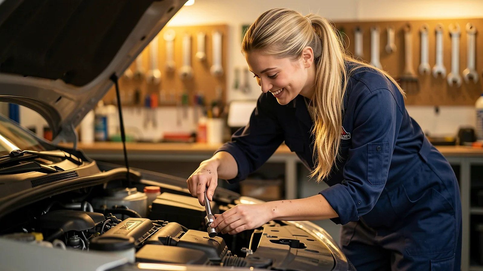 A young woman in overalls smiles while working with a ratchet in the open engine bay of a car